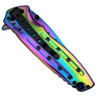 Federunterstütztes Messer von Majesty Forest, in Rainbow, mit Gürtelclip